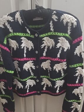 ⚜️Sigrid Olsen Navy Palm Tree Intarsia Cardigan with Pink & Lime Accents